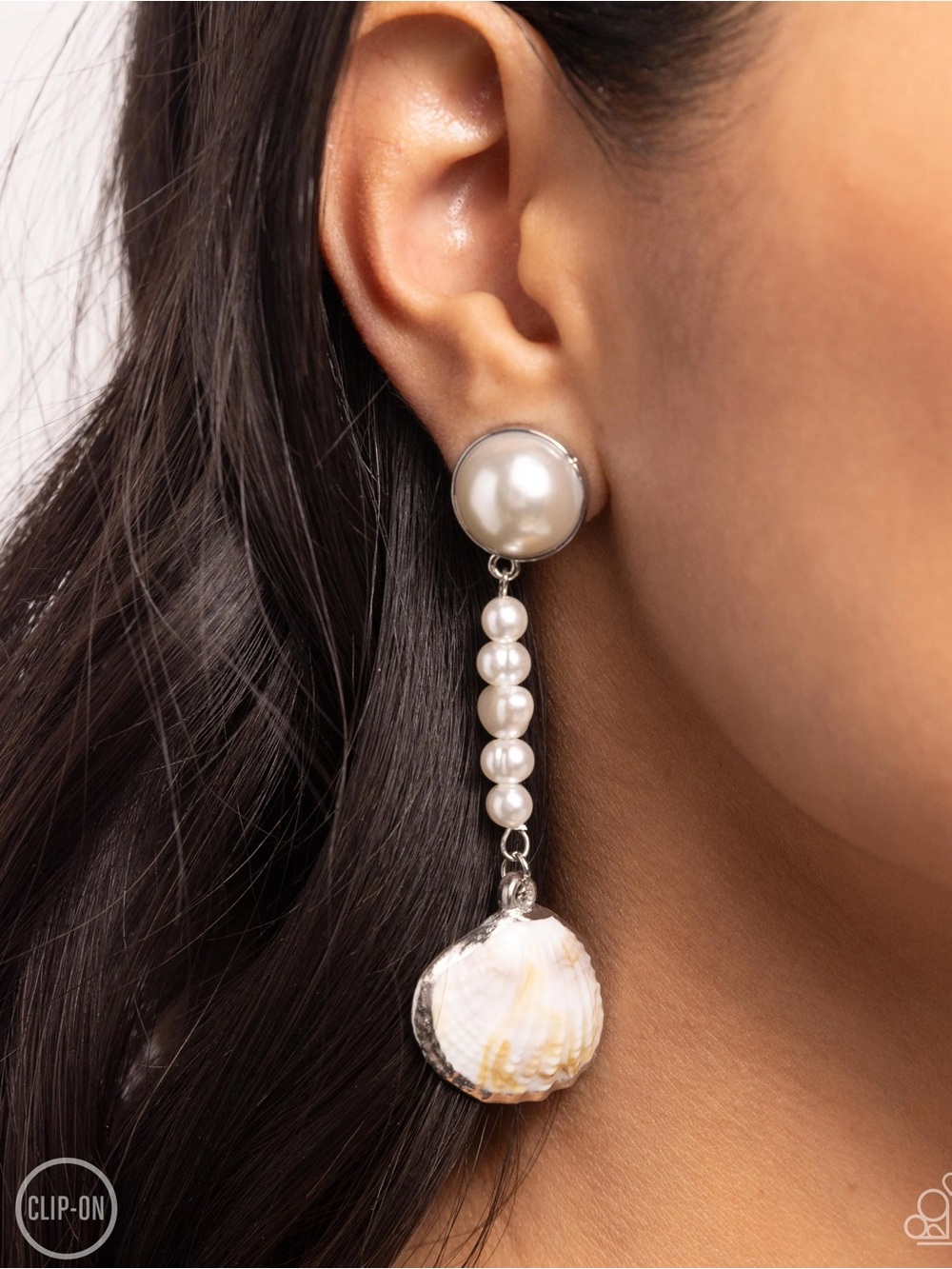 paparazzi White Pearl & Shell Drop Clip-On Earrings